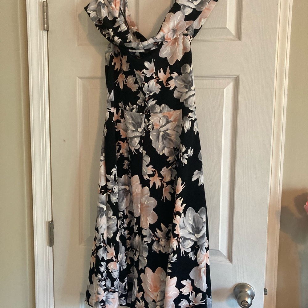 Off the Shoulder Black Floral, Stretch Midi Dress